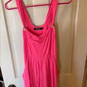 Bright Pink Sleeveless jumpsuit with Button Accents linen rayon blend